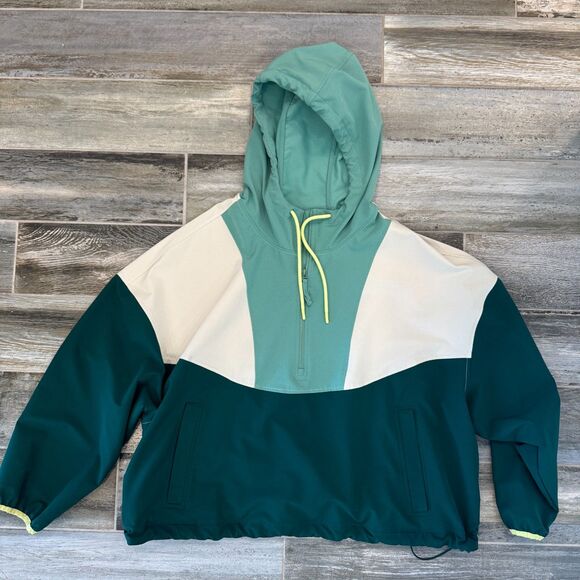 New Balance Green and Cream 1/4 Zip Up Hooded Pullover Breathe On Athleisure - Picture 3 of 6
